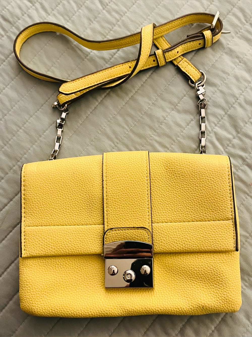 Tahari yellow Pebbled Leather Crossbody Bag with Silver Hardware